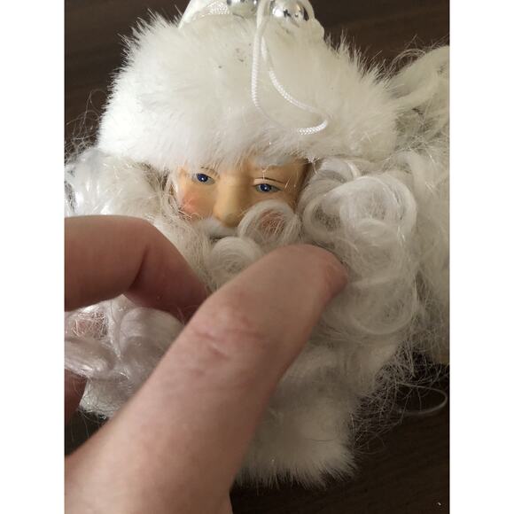 Vintage 2 Santa Face Head Hanging Ornaments Plastic Face Yarn Beard Christmas - Picture 2 of 5